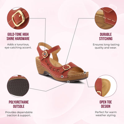 PATRIZIA Spring Step Shantay Wedge Sandals for Women - Ladies Sandals with Ankle Strap Buckle Closures - Womens Casuals Sandals for Outdoor - Dark Red EU 35 / US 5