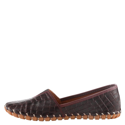 Spring Step Kathaleta-Croco Shoes for Women - Ladies Leather Booties with Rubber Outsole - Comfortable Slip-On Flat Shoes for Womens - Bordeaux EU 37 / US 6.5-7