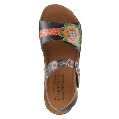 L'Artiste Women's ROSHNI Slingback Sandals – Hand-Painted Leather Floral Wedge with Adjustable Comfort Straps Black Multi EU 38/7.5-8