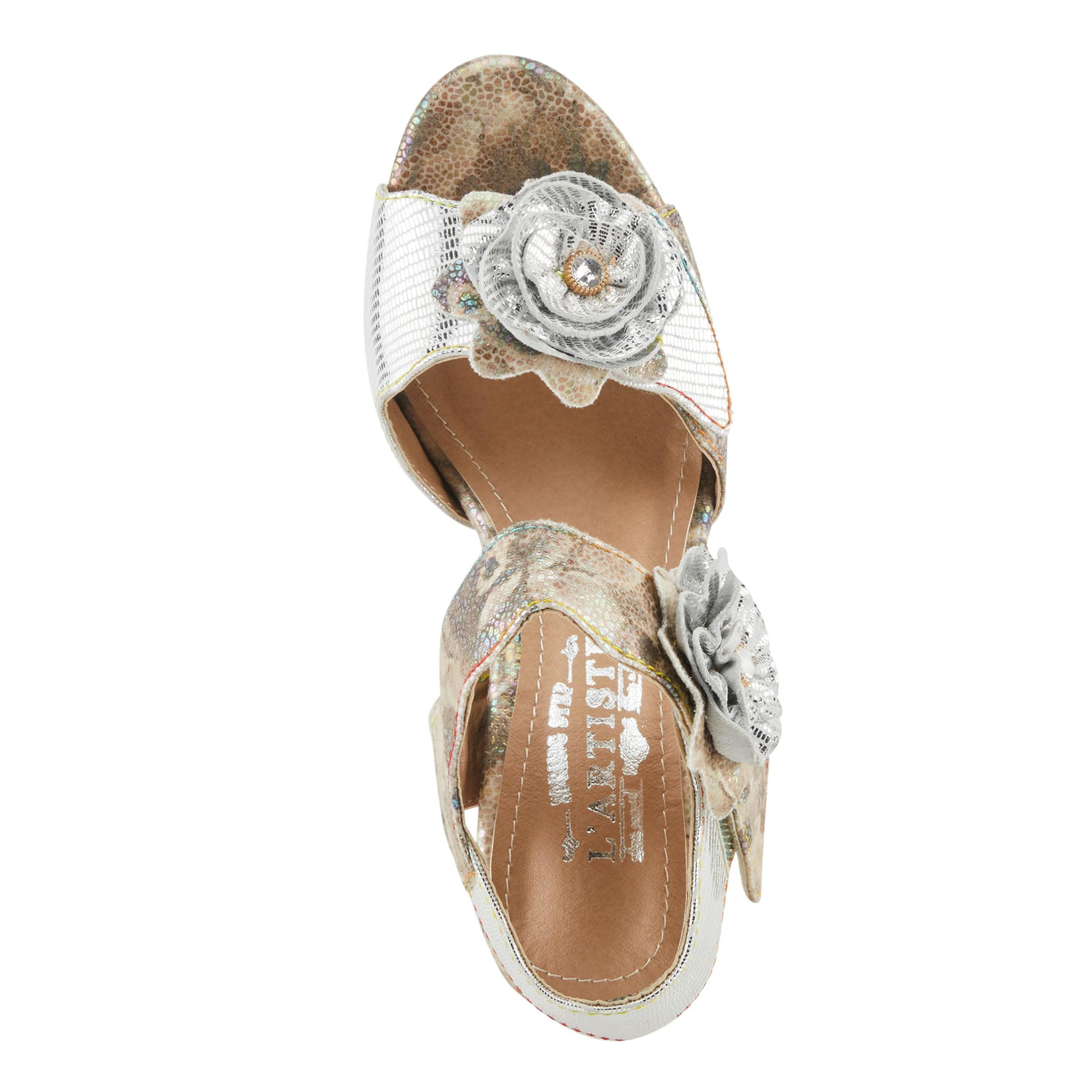 Spring Step L'Artiste Women's SMASHING Metallic Leather Sandals - Opulent Decorative Flowers, Sculpted Jewel Heel, Wearable Art Footwear Ice Multi EU 41 / US 9.5-10