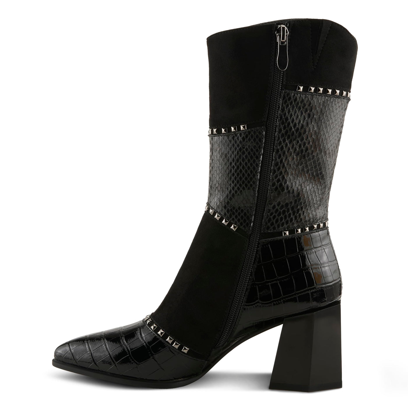 Azura Women's ZAYRINA Mid-Shaft Leather Boots with Animal Print, Stud Details, and Zipper Closure Black EU 38/ US 7.5-8