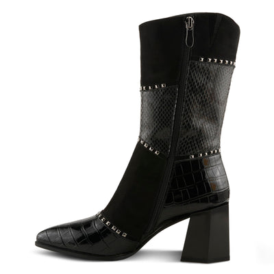 Azura Women's ZAYRINA Mid-Shaft Leather Boots with Animal Print, Stud Details, and Zipper Closure Black EU 38/ US 7.5-8