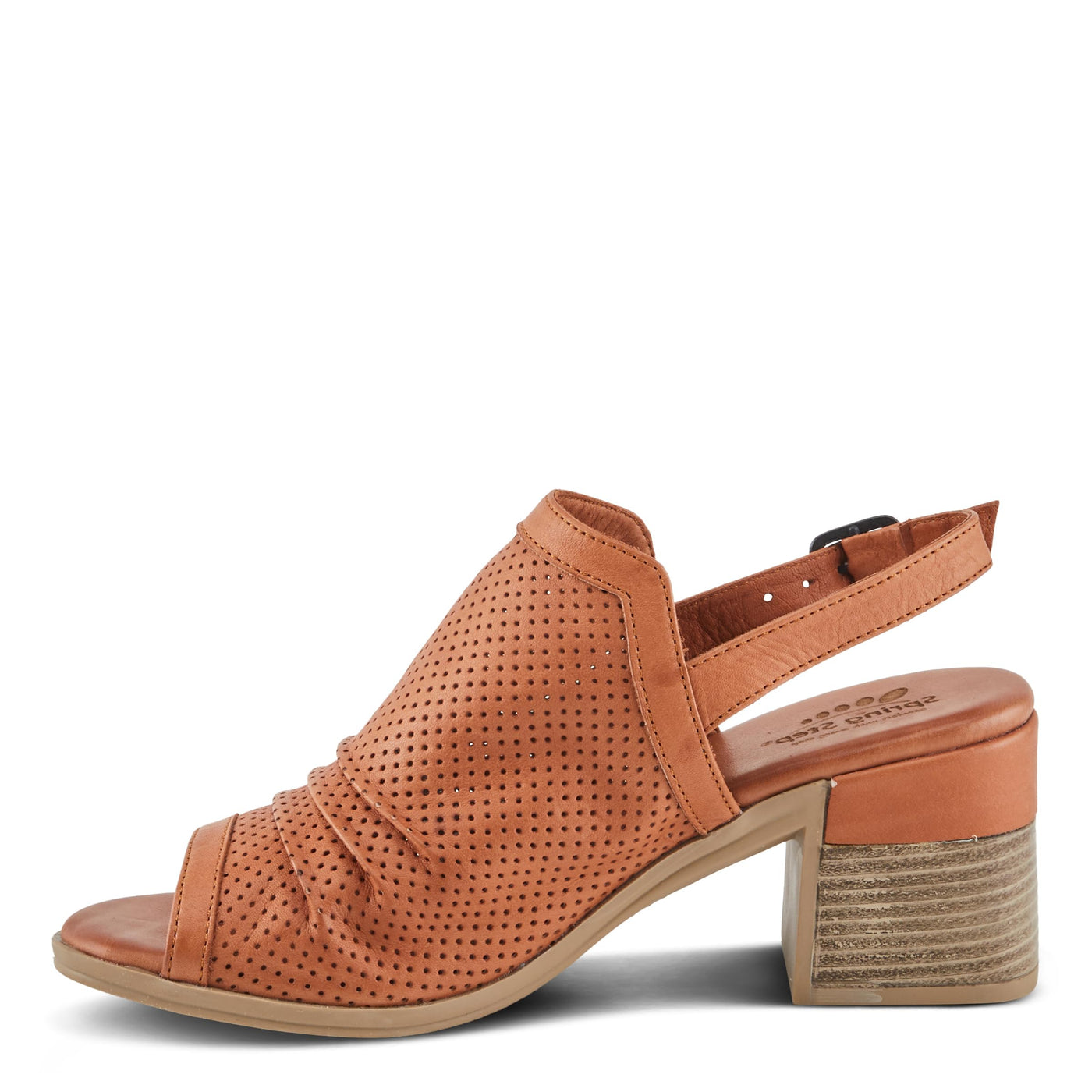 Spring Step NOCTIUM Women's Stacked Heel Sandals with Perforated Leather Upper and Peep-Toe Detail Camel EU 42 / US 10.5-11