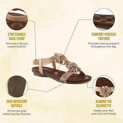PATRIZIA Spring Step Nectarine Sandals for Womens - Ladies Sandals with Chic Flower Grabbing t-straps - Casuals Womens Sandals with Stretch Back Strap - Beige US 5.5-6
