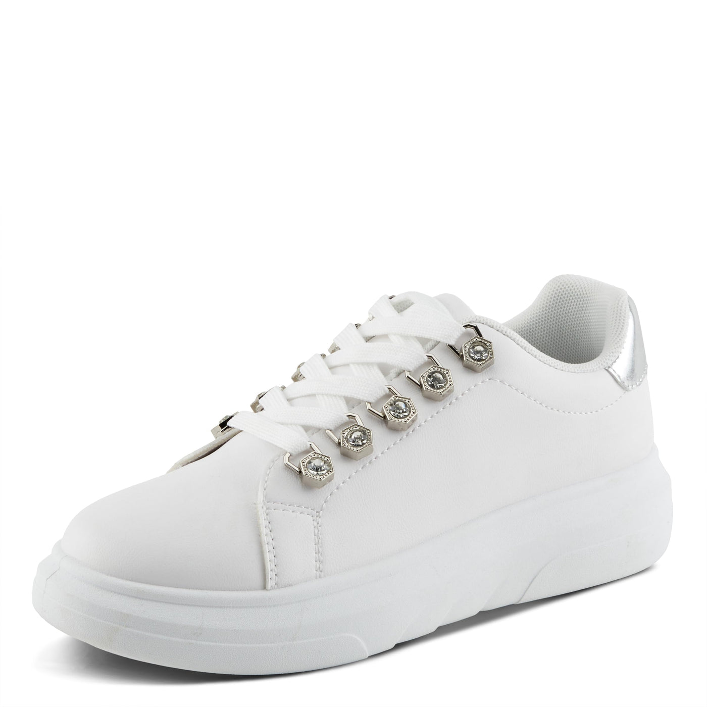 PATRIZIA Women's Leontine Sneakers with D-Ring Metallic Eyelets, Crystal Embellishments, and Comfortable Fit White EU 37 / US 6.5-7