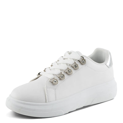 PATRIZIA Women's Leontine Sneakers with D-Ring Metallic Eyelets, Crystal Embellishments, and Comfortable Fit White EU 37 / US 6.5-7