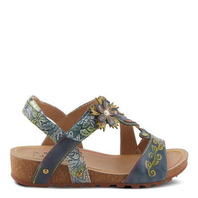 Spring Step L'Artiste Women's BELOVED Hand-Painted Low Cork Wedge Slide Sandals Teal Multi EU 37 / US 6.5-7