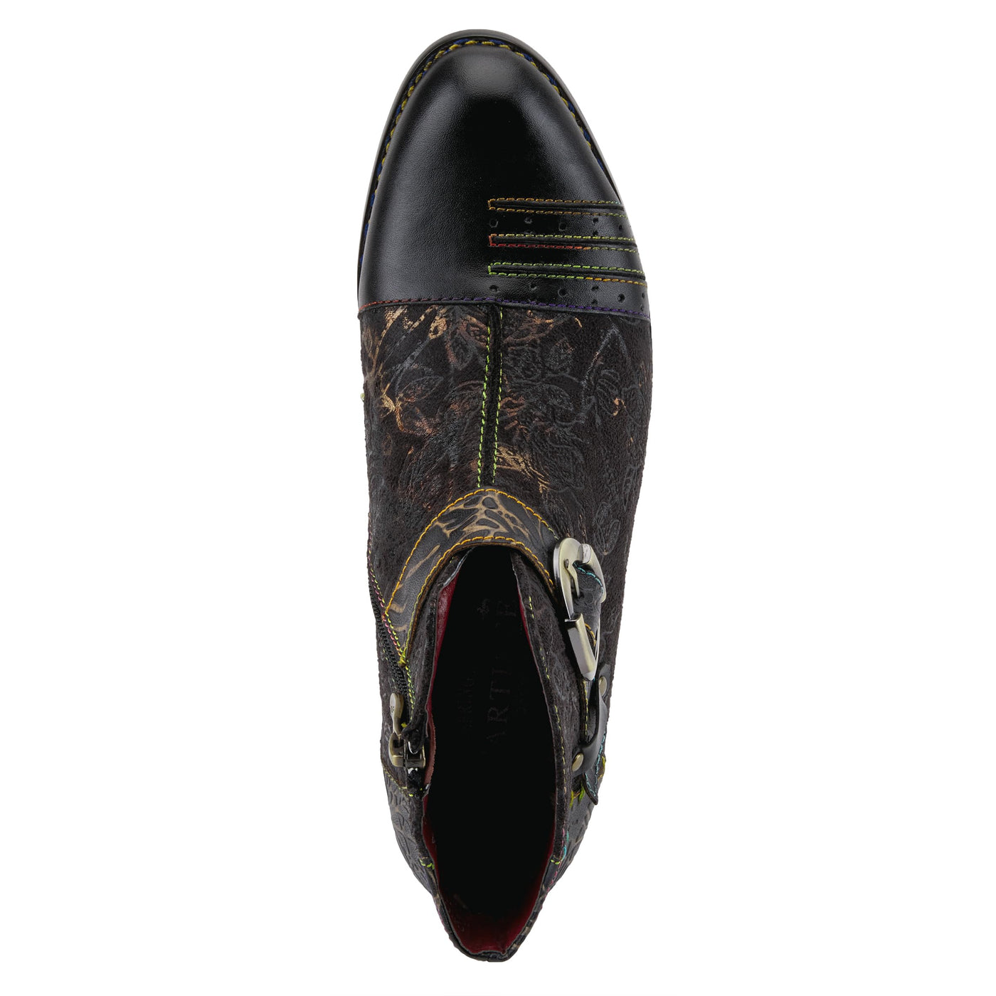 L'Artiste Women's Georgiana Chelsea Boot – Hand-Painted Leather with Metallic Microsuede, Decorative Buckle, and Rainbow Stitching Black Multi EU 38/7.5-8