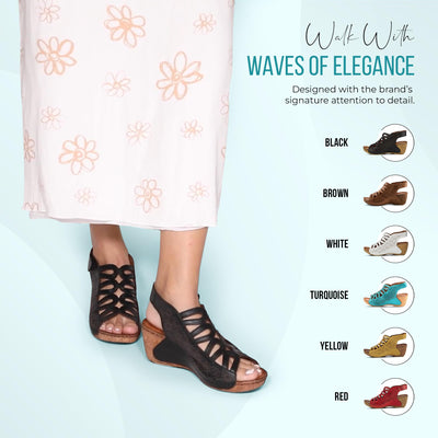 Spring Step Inocencia Women's Leather Wedge Sandals | Low Heel Sandals for Women with Floral Laser Cut Design, Hook and Loop Strap, Mediterranean Style Brown EU 40 / US 9