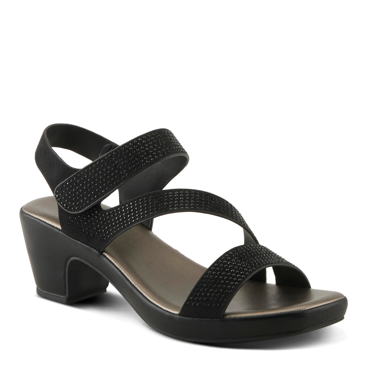 PATRIZIA Women's YADIEL Hook and Loop Sandals – Low Block Heel with Asymmetrical Crystal-Strap Design BLACK EU 36 / US 5.5-6