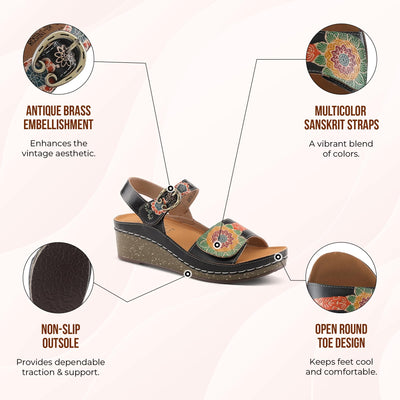 L'Artiste Women's ROSHNI Slingback Sandals – Hand-Painted Leather Floral Wedge with Adjustable Comfort Straps Camel Multi EU 35/5