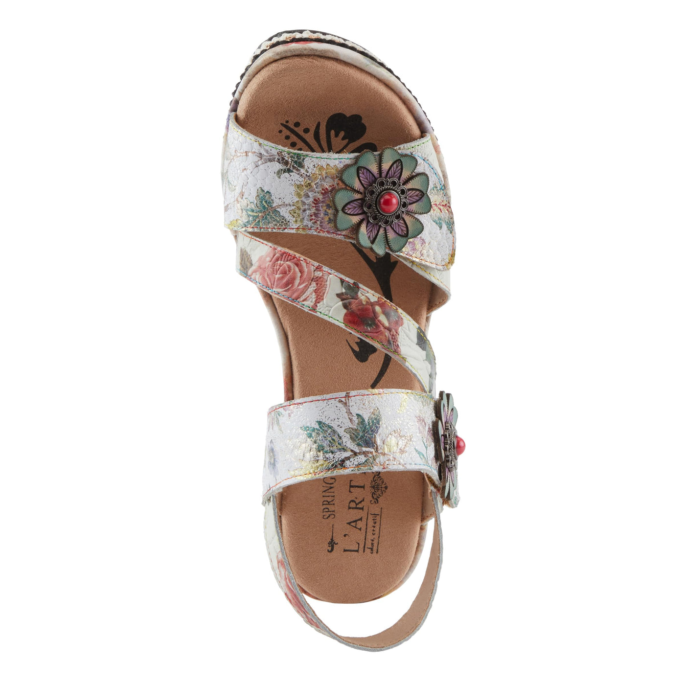 L'Artiste Women's BLISSFUL Hook and Loop Sandals - Floral Embossed Leather, Decorative Flower Accents, Adjustable Fit ICE MULTI EU 42 / US 10.5-11