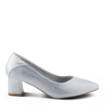 PATRIZIA Women's Senna Block Heel Pumps with Pointy-Toe Silhouette, Shimmering Crystals, and Comfortable Fit Silver EU 38/ US 7.5-8