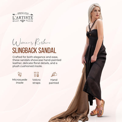 L'Artiste Women's ROSHNI Slingback Sandals – Hand-Painted Leather Floral Wedge with Adjustable Comfort Straps Red Multi EU 35/5