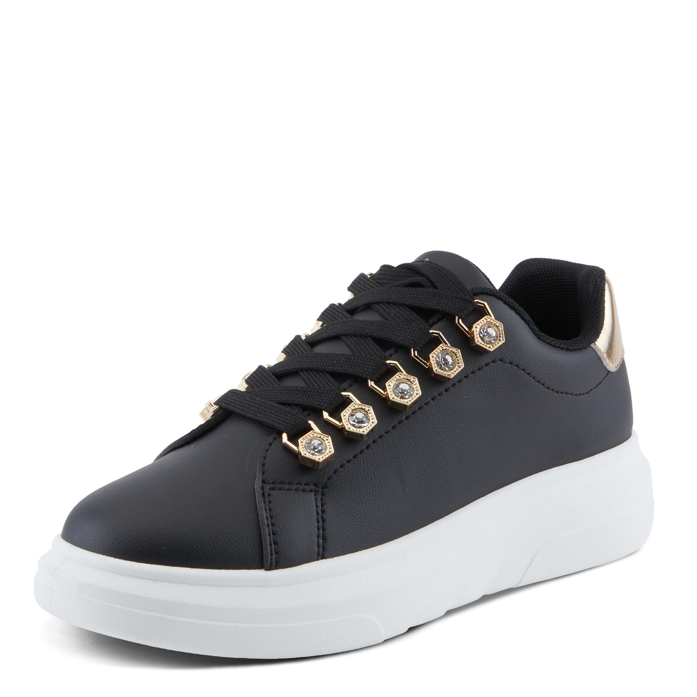 PATRIZIA Women's Leontine Sneakers with D-Ring Metallic Eyelets, Crystal Embellishments, and Comfortable Fit Black EU 40 / US 9