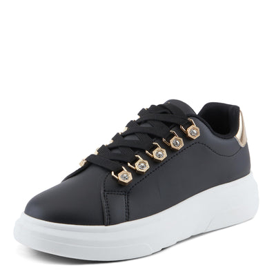 PATRIZIA Women's Leontine Sneakers with D-Ring Metallic Eyelets, Crystal Embellishments, and Comfortable Fit Black EU 40 / US 9