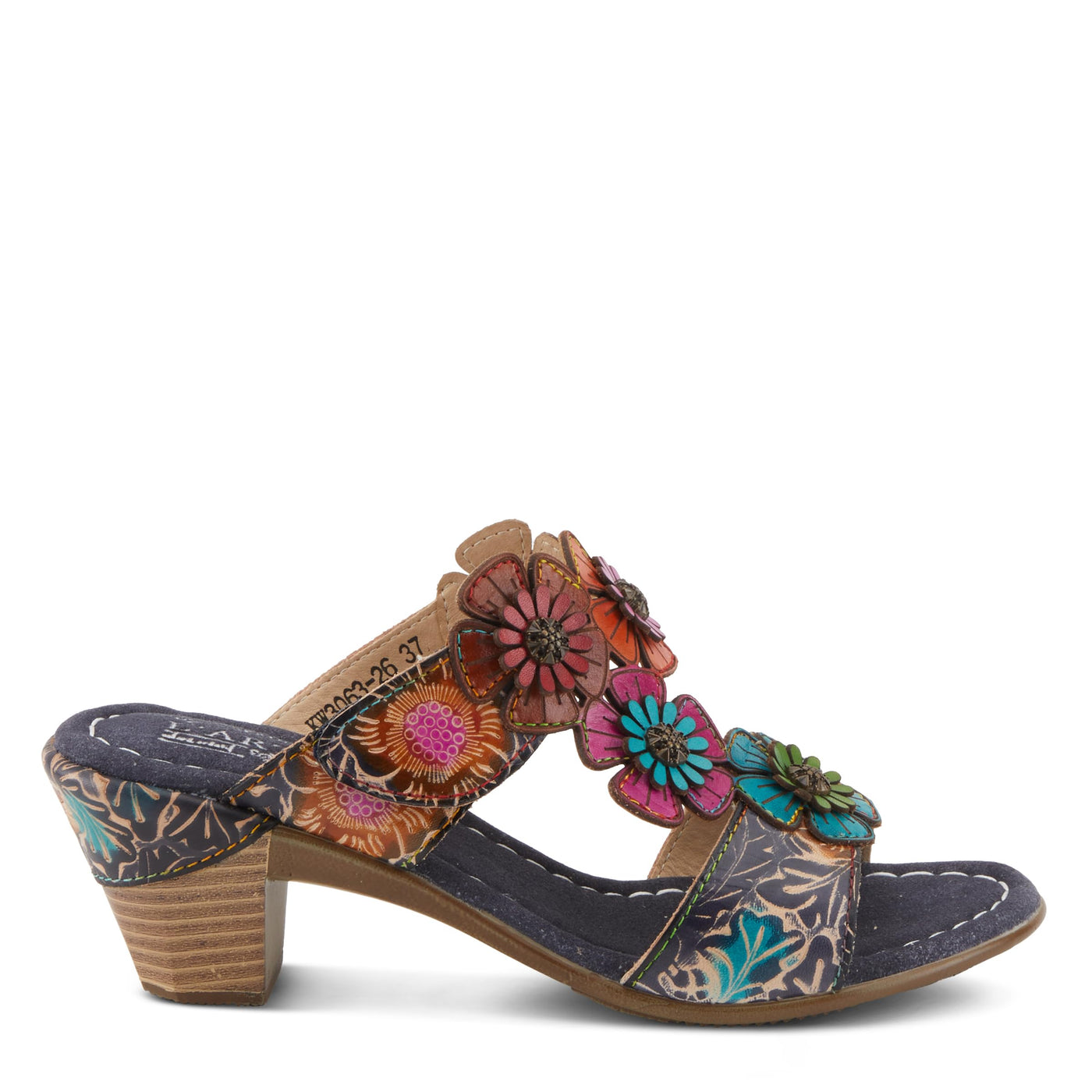 Spring Step L'Artiste Women's SUMMERFUN Hand-Painted Sandals - Leather Wrapped Heel, Asymmetrical Flower Design Navy Multi EU 42 / US 10.5-11