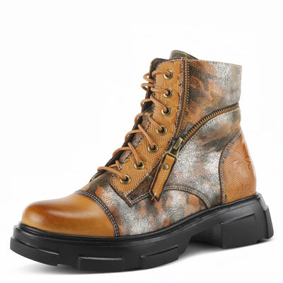 Spring Step L'Artiste Carnelian Booties for Women - Leather Ankle Boots with Lace-up and Zipper - Hand-Painted Womens Boots for Outdoor
