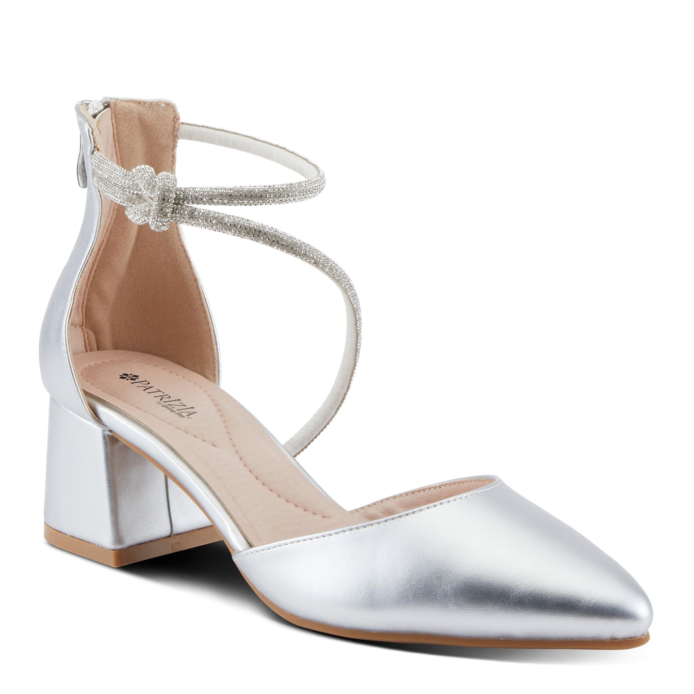 Spring Step L'Artiste Patrizia Women's Eluned Crystal Embellished Pointed-Toe Block Heel Pumps – Elegant Dress Shoes with Asymmetrical Straps & Knot Detail Silver EU 40 / US 9