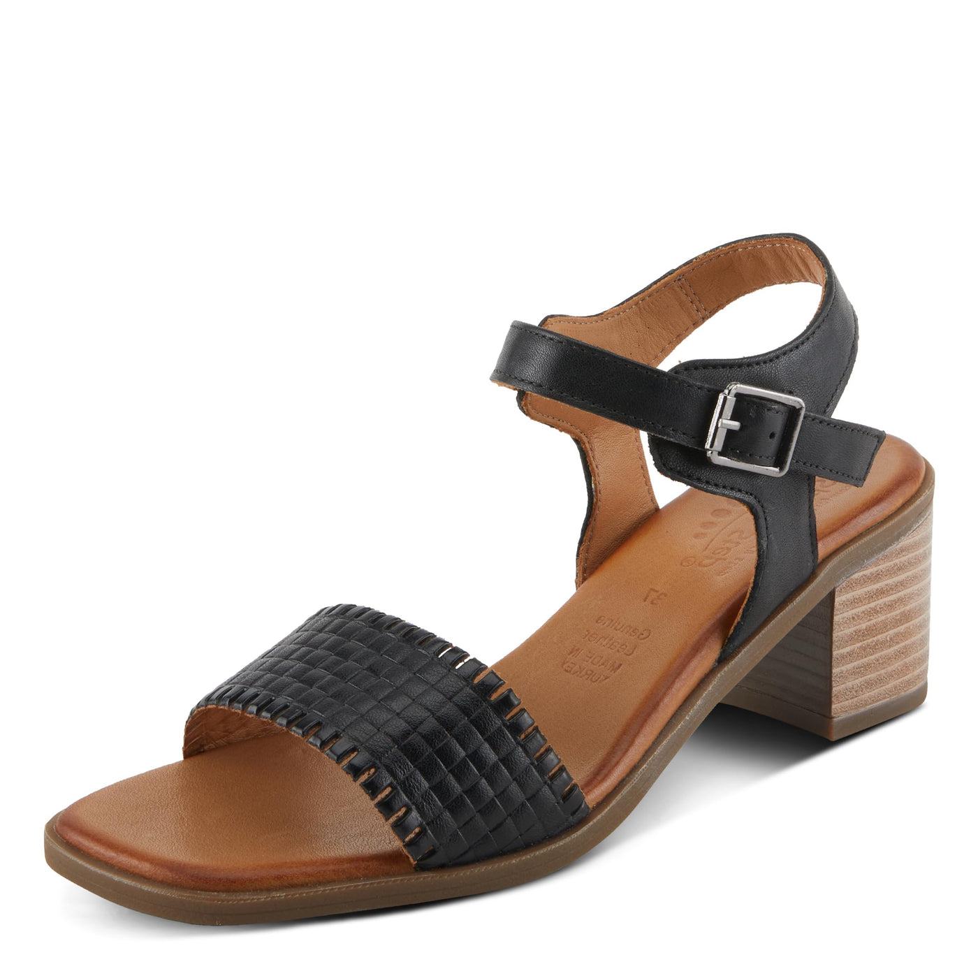 Spring Step NIFONA Women's Embossed Leather Sandals with Cushioned Footbed and Stacked Heel