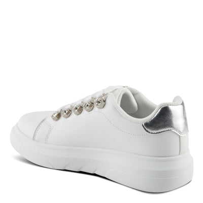 PATRIZIA Women's Leontine Sneakers with D-Ring Metallic Eyelets, Crystal Embellishments, and Comfortable Fit White EU 39 / US 8.5