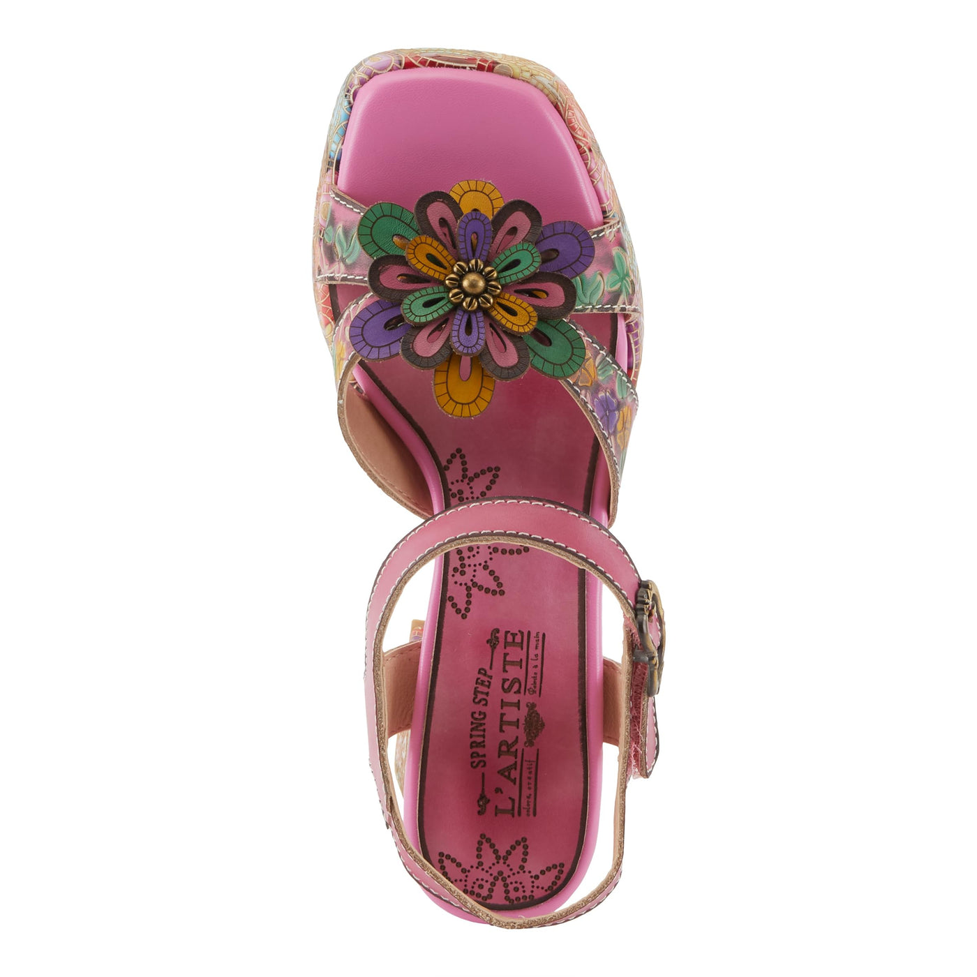 Spring Step L'Artiste Women's REFLECTIVE Platform Heeled Sandals - Chunky Heel, Hand-Painted Flower Detail, Padded Insole Pink Multi EU 42 / US 10.5-11