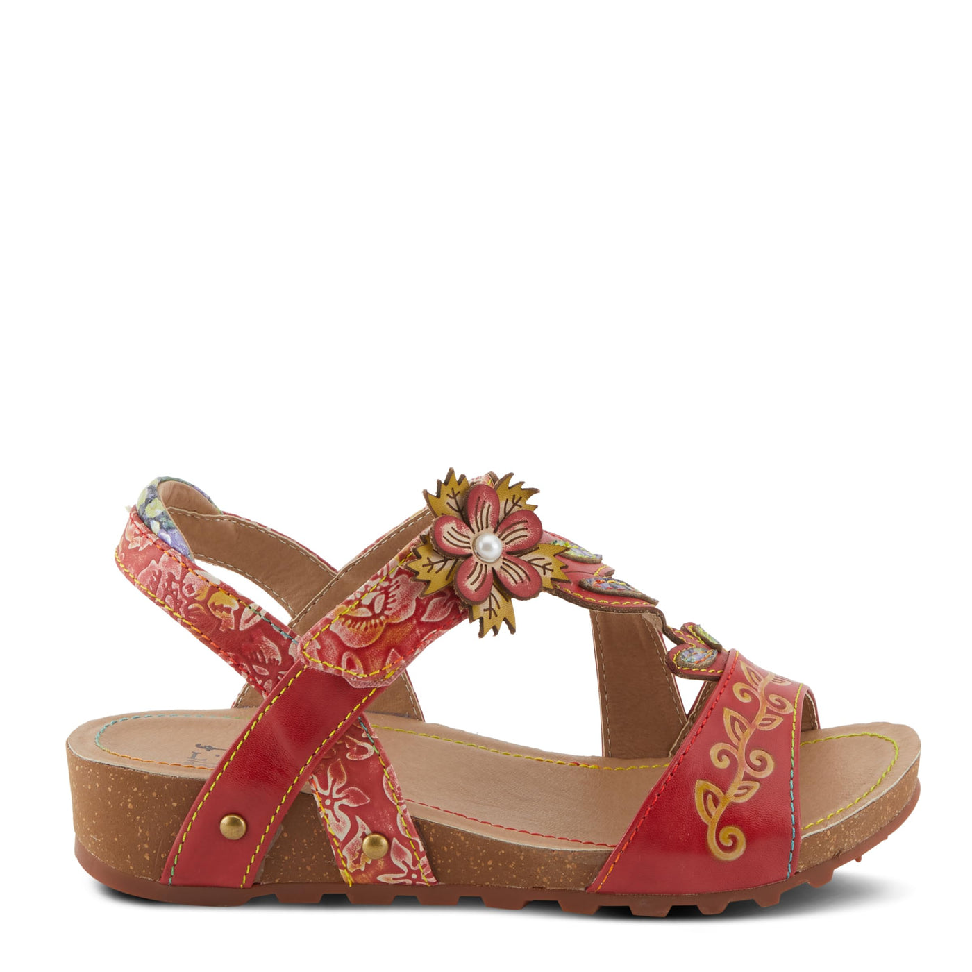 Spring Step L'Artiste Women's BELOVED Hand-Painted Low Cork Wedge Slide Sandals Red Multi EU 42 / US 10.5-11
