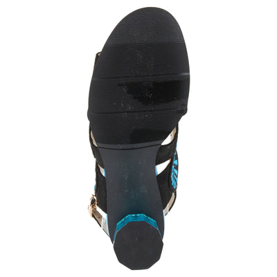 Azura Women's Embroidery Pumps & Heels - Geometric Design, Adjustable Ankle Strap, Transparent Cylindrical Heel