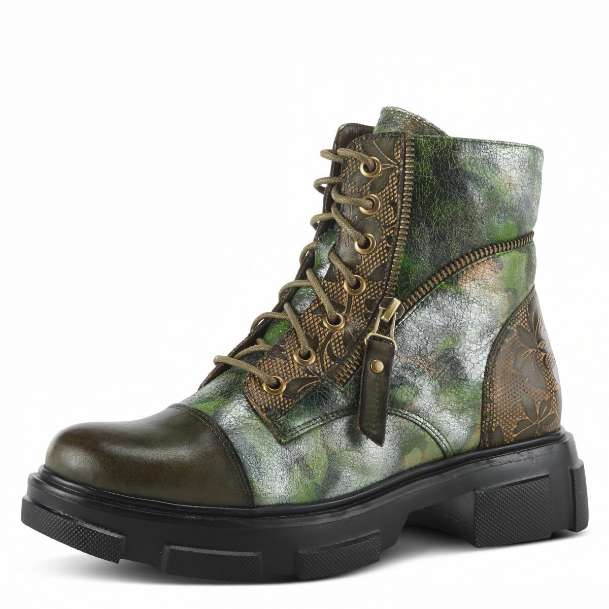 Spring Step L'Artiste Carnelian Booties for Women - Leather Ankle Boots with Lace-up and Zipper - Hand-Painted Womens Boots for Outdoor - Olive Multi EU 42 / US 10.5-11