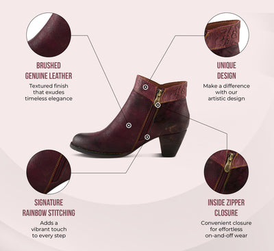 Spring Step L'Artiste Bestlove Ankle Boots for Women Low Heel | Casual Women's Boots Women with Metallic Brush Strokes and Cushion Footbed Bordeaux Multi EU 35 / US 5