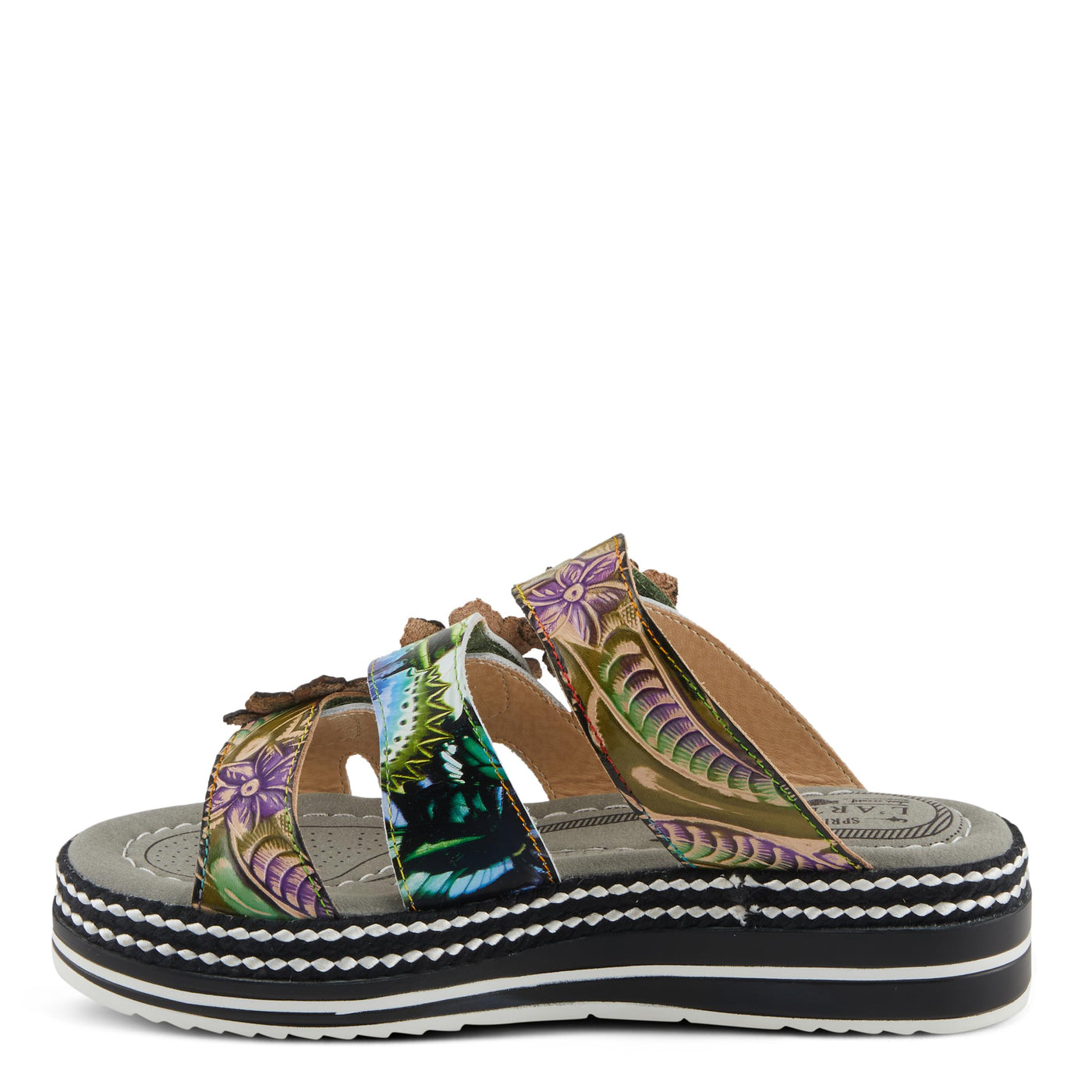 Spring Step L'Artiste Women's NAOMI-MONARCH Comfortable Butterfly Slide Sandals | Hand-Painted Leather Flowers, Hook and Loop Closure