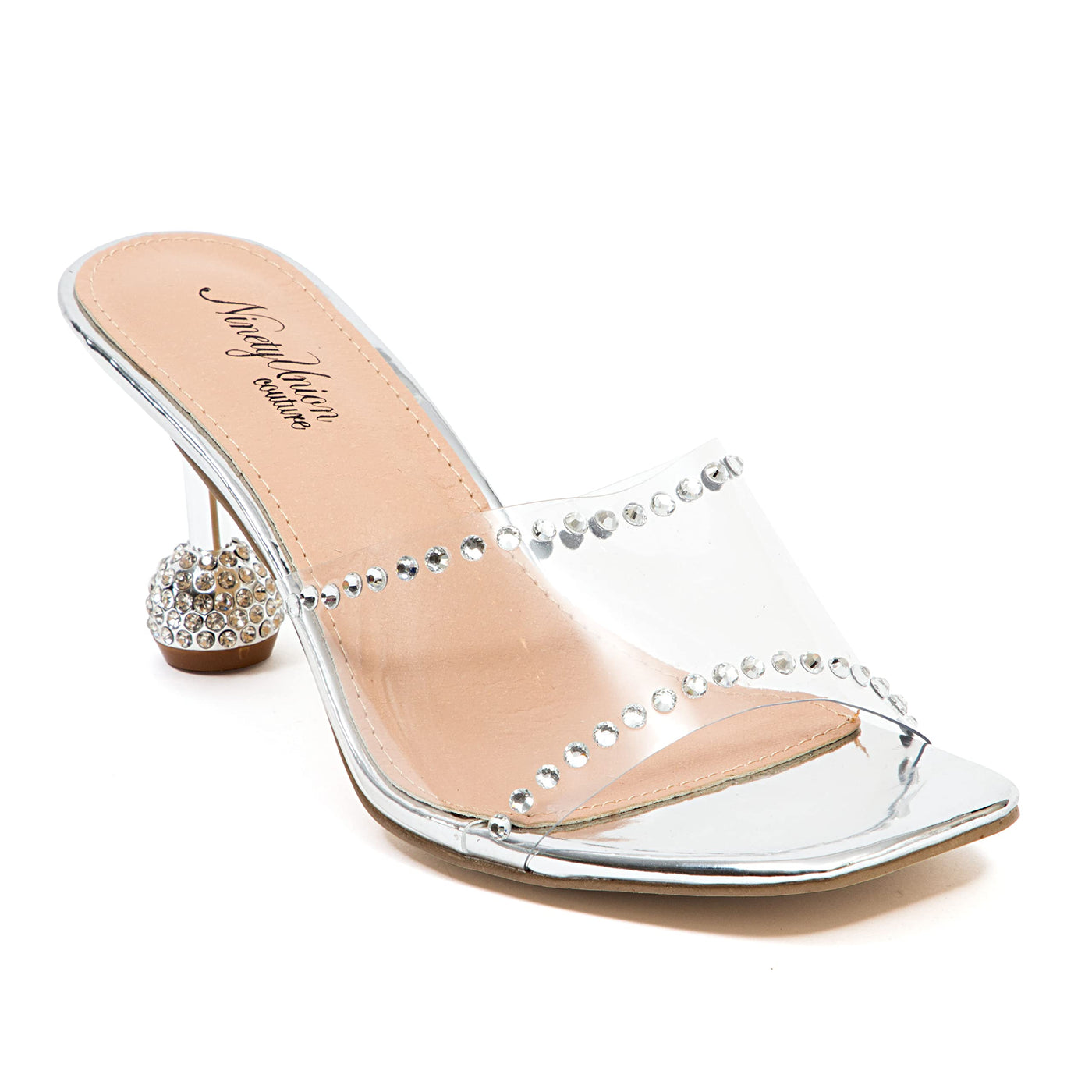 Ninety Union Fancy Lucite Studded Slide Sandal With A High Heel, Silver, 5