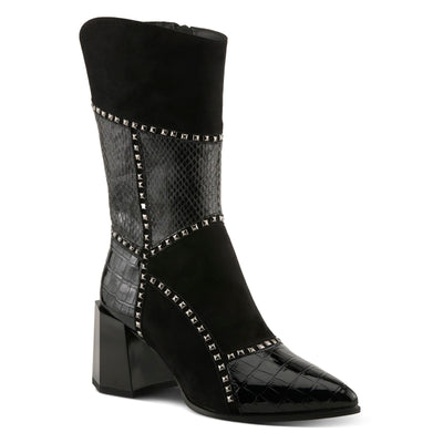 Azura Women's ZAYRINA Mid-Shaft Leather Boots with Animal Print, Stud Details, and Zipper Closure Black EU 41 / US 9.5-10