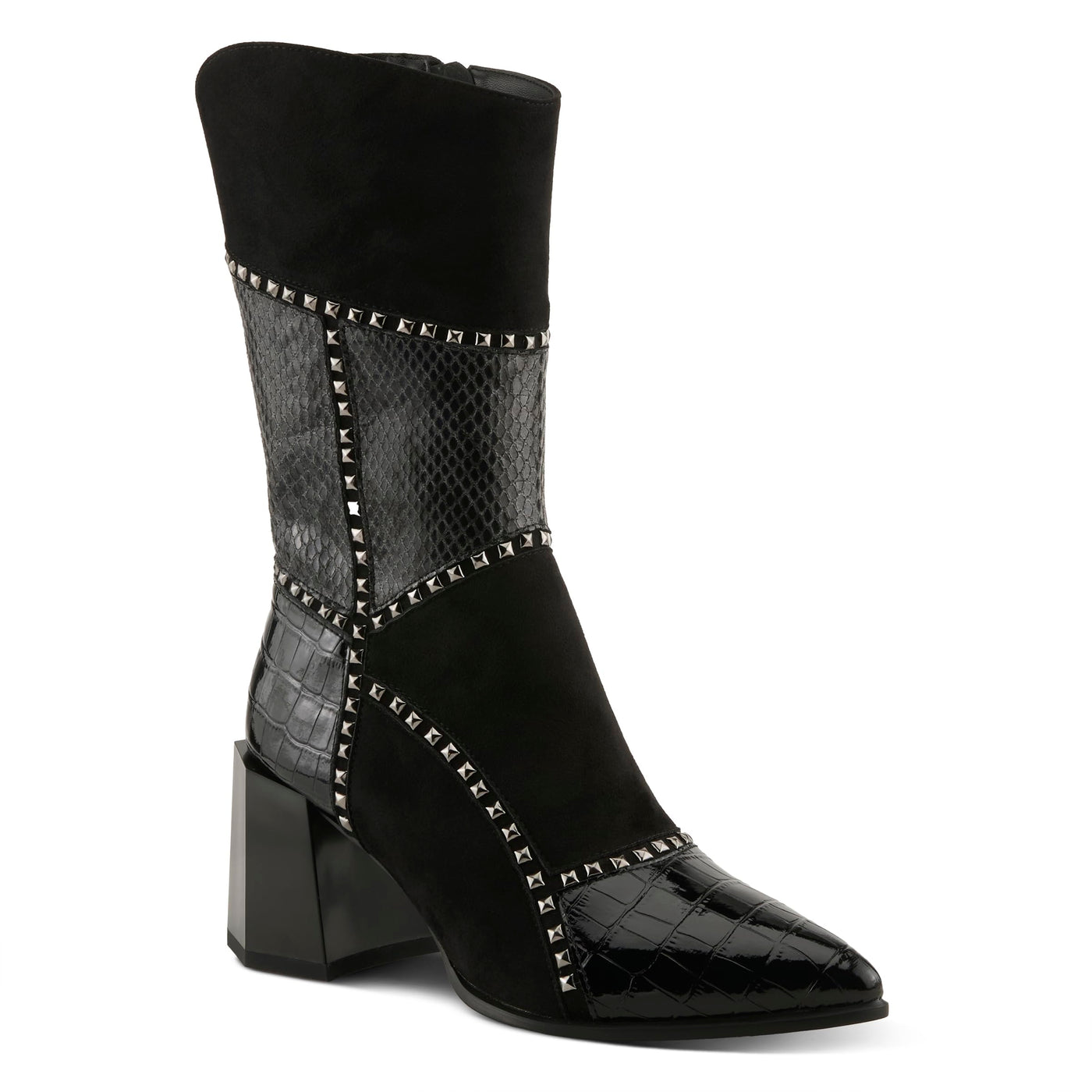 Azura Women's ZAYRINA Mid-Shaft Leather Boots with Animal Print, Stud Details, and Zipper Closure Black EU 41 / US 9.5-10