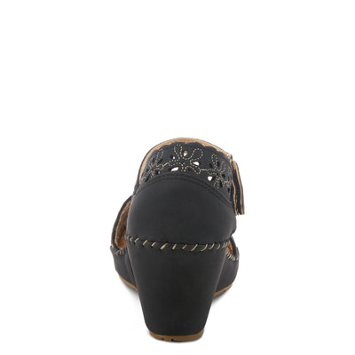 PATRIZIA Spring Step Gennina Wedge Sandals for Womens - Laser Cut Ladies Sandals with Embroidery - Hook and Loop Closure Womens Sandals - Black EU 36 / US 5.5-6