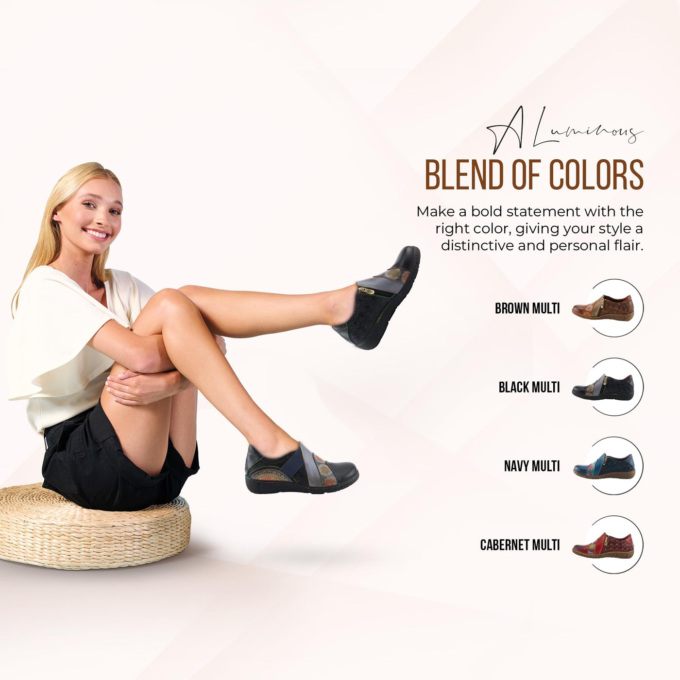 L'Artiste Lata Burnished Slip for Women with Rainbow Stitching | Walking Shoes with Hand Painted Geometric Design and Zipper Closure