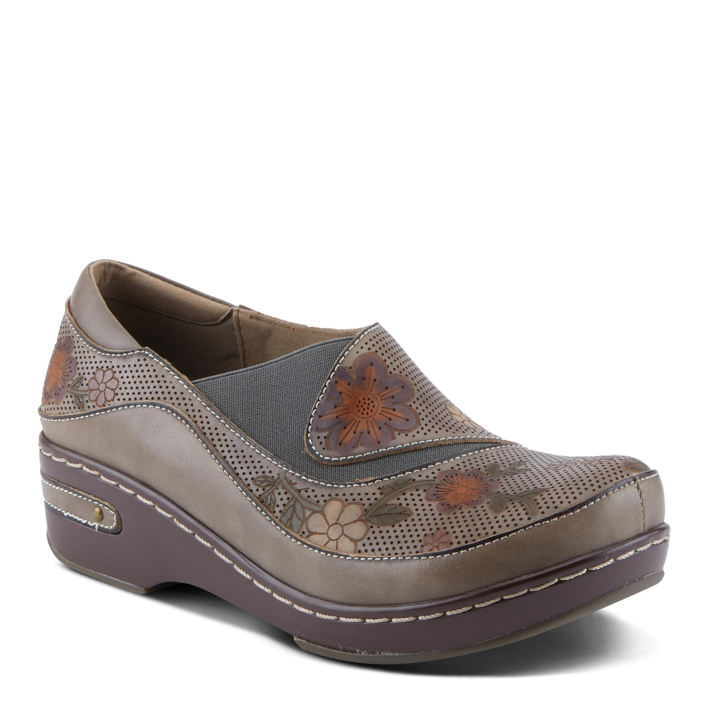 Spring Step L'Artiste Burbank-Flower Women's Bohemian Clogs - Perforated Leather, Artistic Flair, Luxurious Comfort Grey Multi EU 40 / US 9