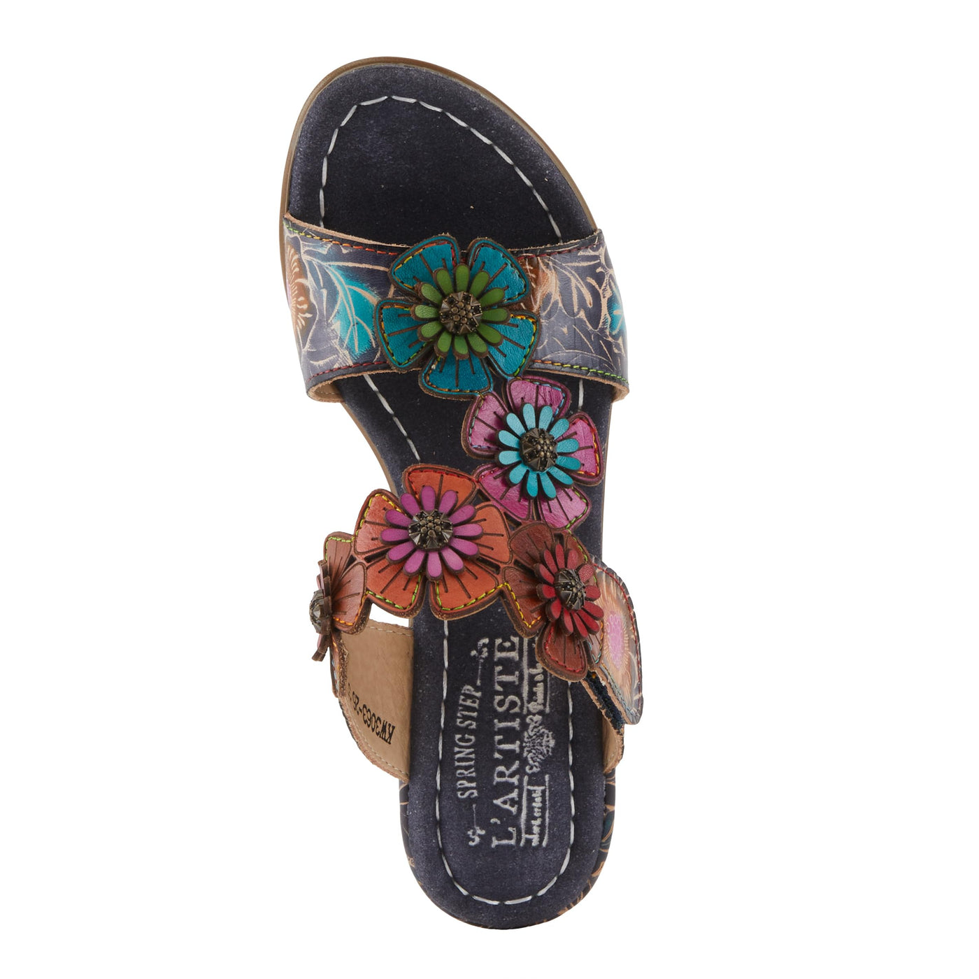 Spring Step L'Artiste Women's SUMMERFUN Hand-Painted Sandals - Leather Wrapped Heel, Asymmetrical Flower Design Navy Multi EU 42 / US 10.5-11