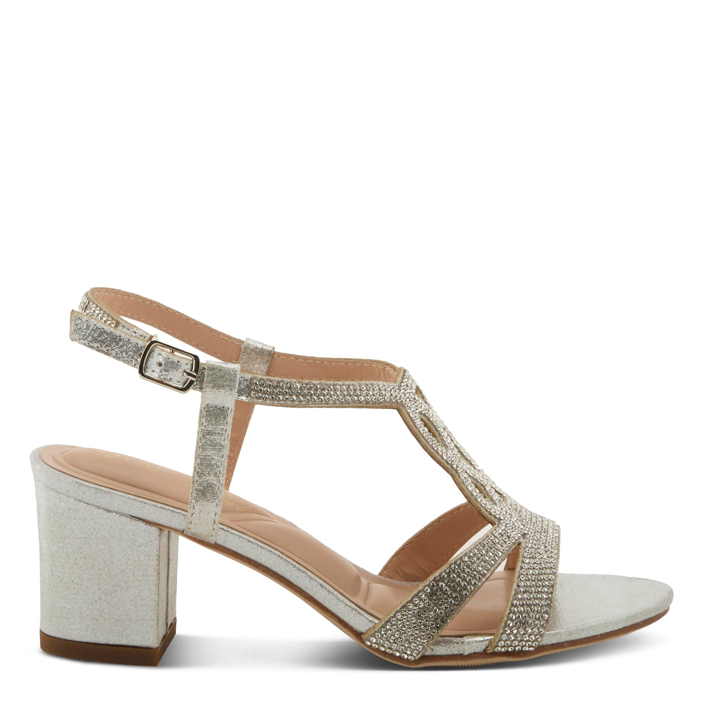 PATRIZIA Women's LILYANA Buckle Block Heel Sandals - T-Strap with Scrollwork Design, Elegant and Comfortable SILVER EU 37 / US 6.5-7