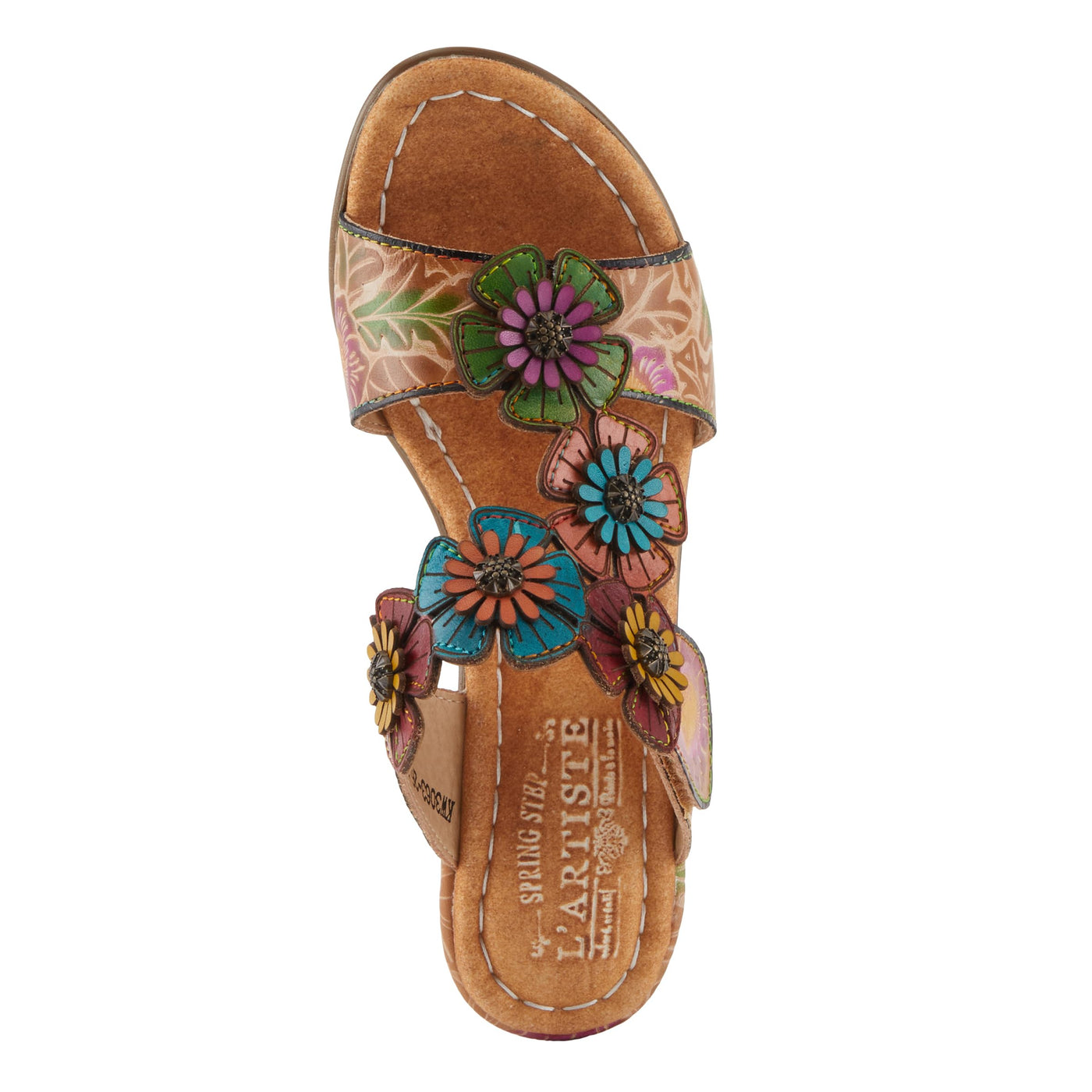 Spring Step L'Artiste Women's SUMMERFUN Hand-Painted Sandals - Leather Wrapped Heel, Asymmetrical Flower Design Tan Multi EU 38 / US 7.5-8