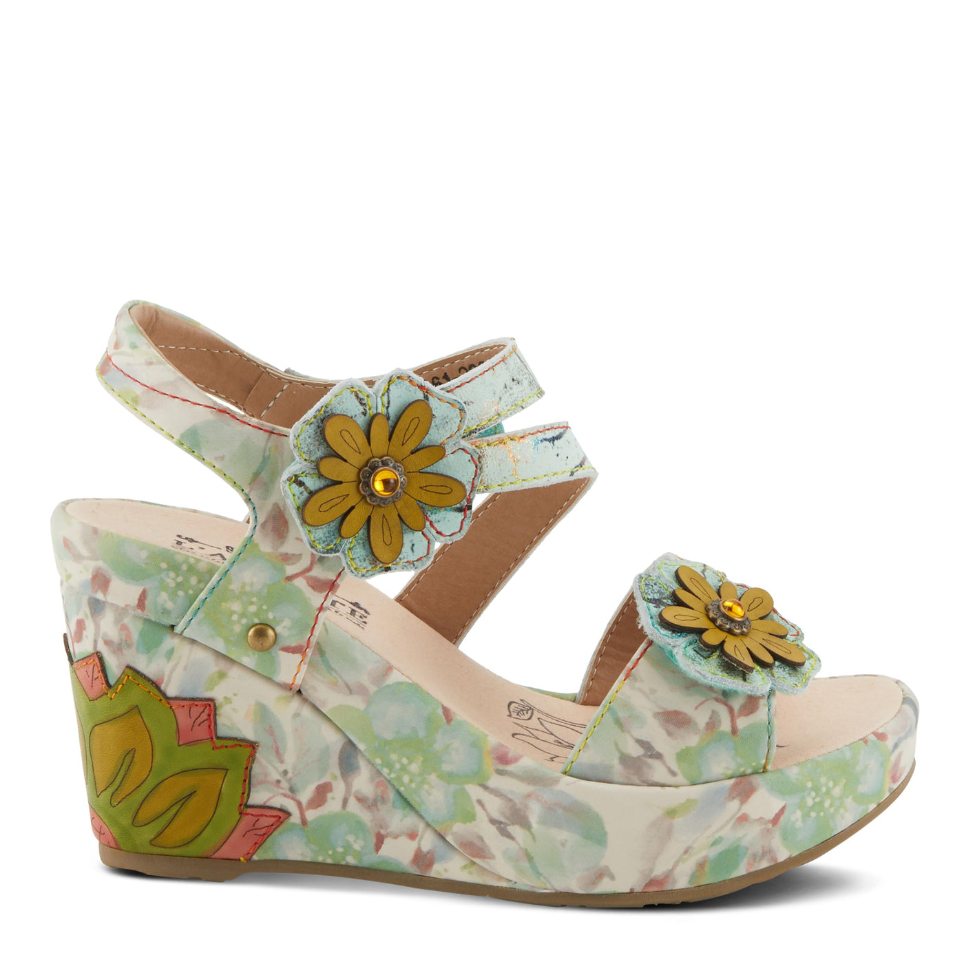 Spring Step L'Artiste Women's Karnitsky Floral Leather Sandals - Hand-Painted Lotus Motif, Metallic Straps Mint Green Multi EU 38 / US 7.5-8