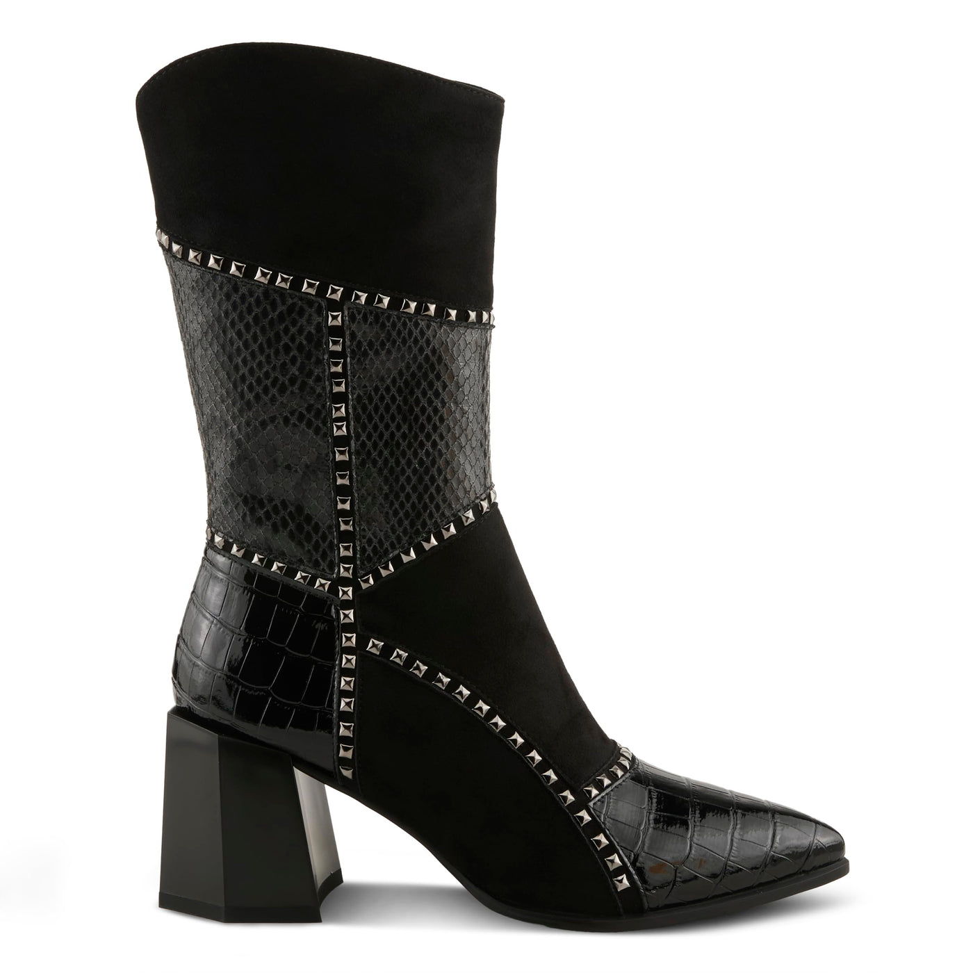Azura Women's ZAYRINA Mid-Shaft Leather Boots with Animal Print, Stud Details, and Zipper Closure Black EU 41 / US 9.5-10