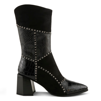 Azura Women's ZAYRINA Mid-Shaft Leather Boots with Animal Print, Stud Details, and Zipper Closure Black EU 38/ US 7.5-8