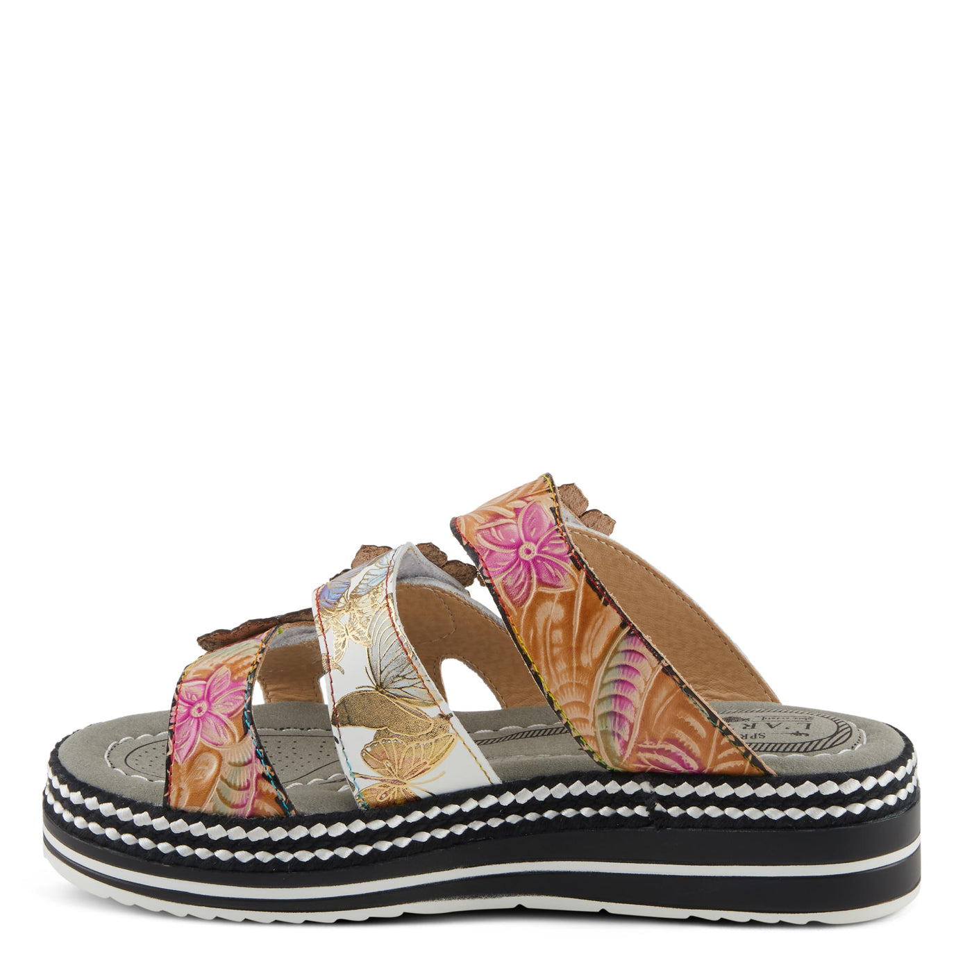 Spring Step L'Artiste Women's NAOMI-MONARCH Comfortable Butterfly Slide Sandals | Hand-Painted Leather Flowers, Hook and Loop Closure Tan Multi EU 38 / US 7.5-8