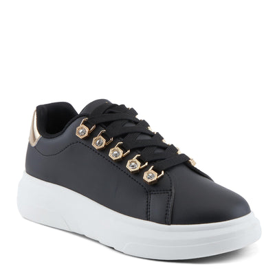 PATRIZIA Women's Leontine Sneakers with D-Ring Metallic Eyelets, Crystal Embellishments, and Comfortable Fit Black EU 37 / US 6.5-7