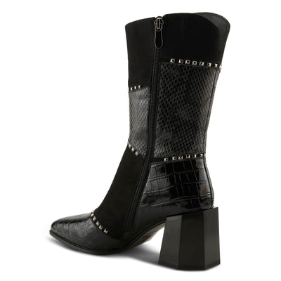 Azura Women's ZAYRINA Mid-Shaft Leather Boots with Animal Print, Stud Details, and Zipper Closure Black EU 41 / US 9.5-10
