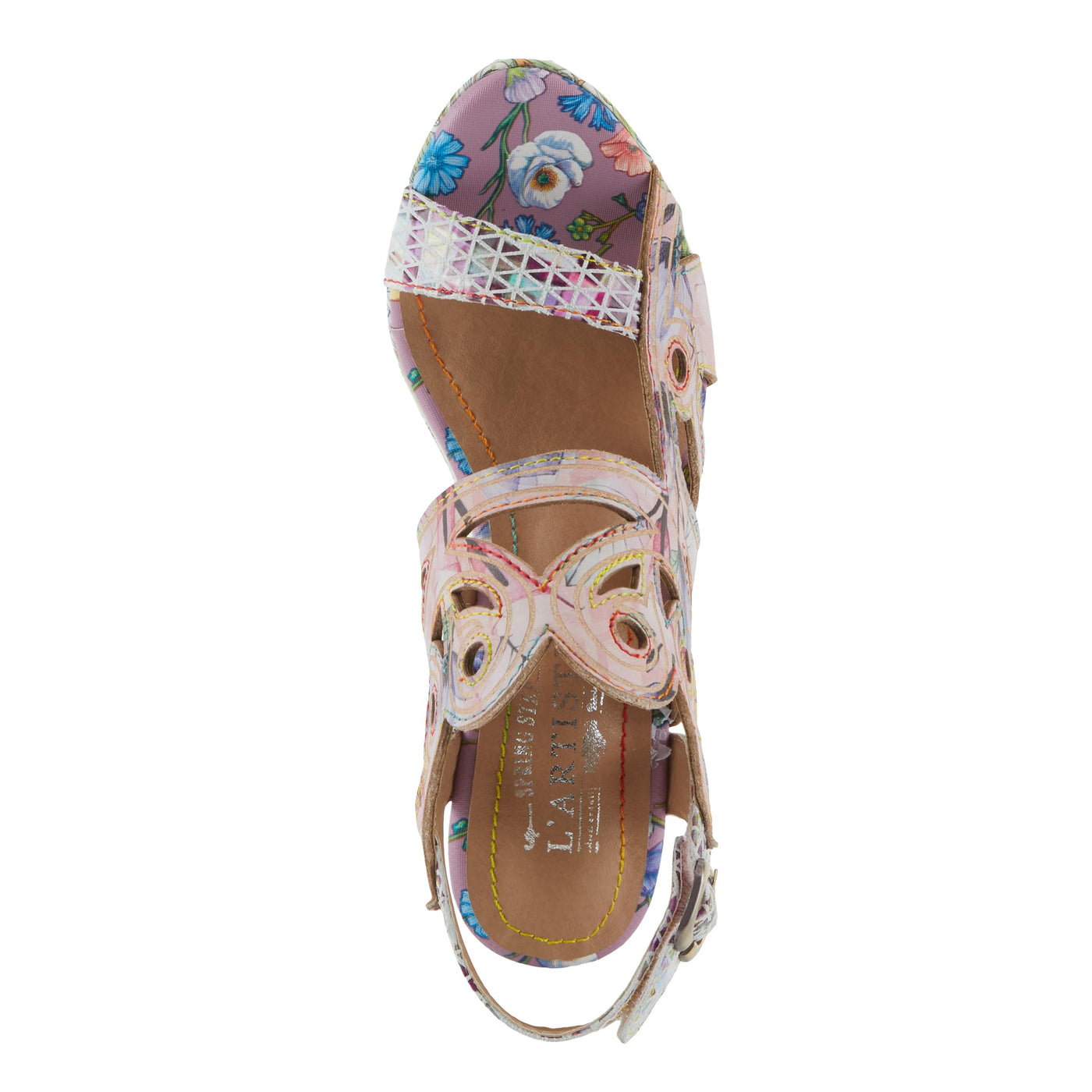 Spring Step L'Artiste Women's SWIRLNTWIRL Unique Print Sandals - Leather Wrapped Stacked Heel, Functional Buckle, Vibrant Style