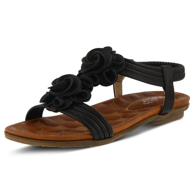 PATRIZIA Spring Step Nectarine Sandals for Womens - Ladies Sandals with Chic Flower Grabbing t-straps - Casuals Womens Sandals with Stretch Back Strap - Black US 9.5-10