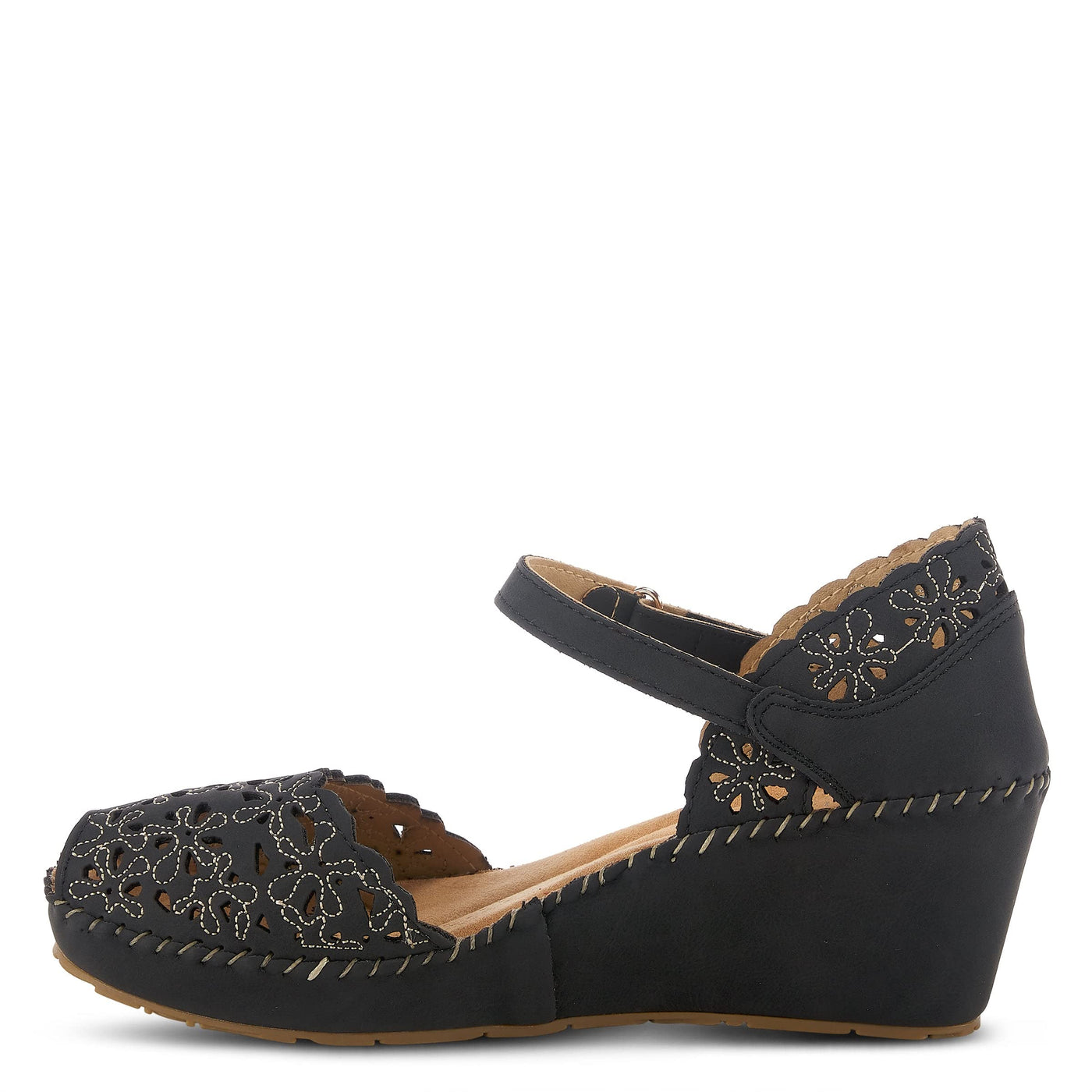PATRIZIA Spring Step Gennina Wedge Sandals for Womens - Laser Cut Ladies Sandals with Embroidery - Hook and Loop Closure Womens Sandals - Black EU 36 / US 5.5-6