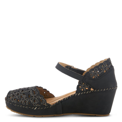 PATRIZIA Spring Step Gennina Wedge Sandals for Womens - Laser Cut Ladies Sandals with Embroidery - Hook and Loop Closure Womens Sandals - Black EU 37 / US 6.5-7